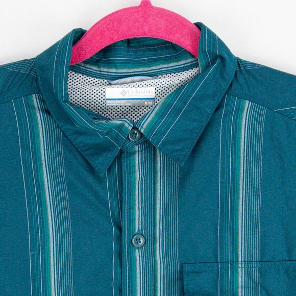 Columbia Fishing Shirt Men's Medium Vented Nylon Short Sleeve Green Striped Logo - Picture 2 of 11